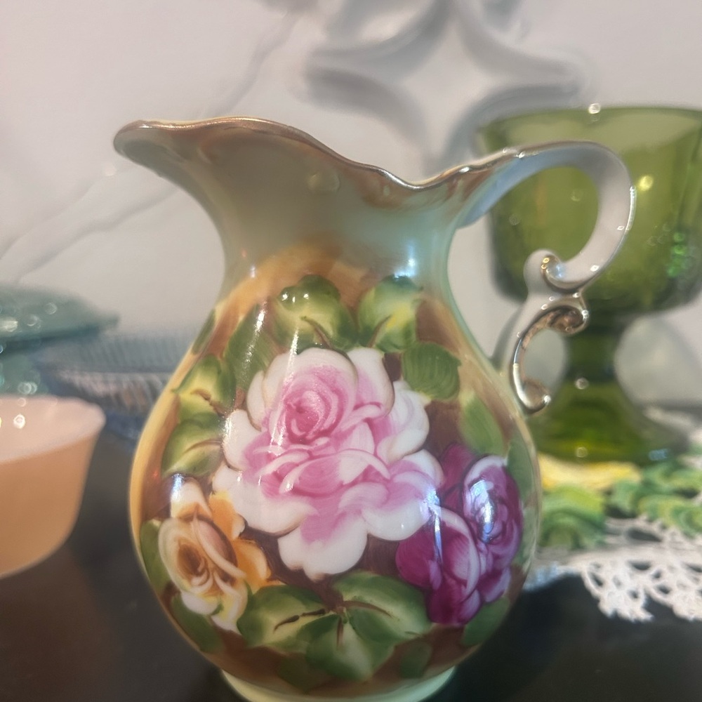 Hand-Painted Pink Rose Porcelain Creamer Pitcher - Floral Home Accent